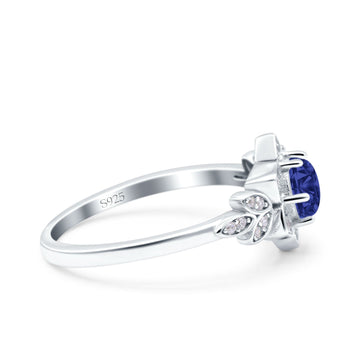 Halo Cluster Floral Wedding Ring Round Simulated Blue Sapphire CZ 925 Sterling Silver